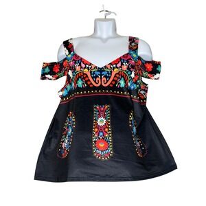 NWT Womens Tunic Top 2XL Black Floral Cold Shoulder Boho Unique Artsy